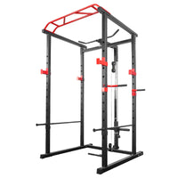 Black and red fitness power rack on a white background