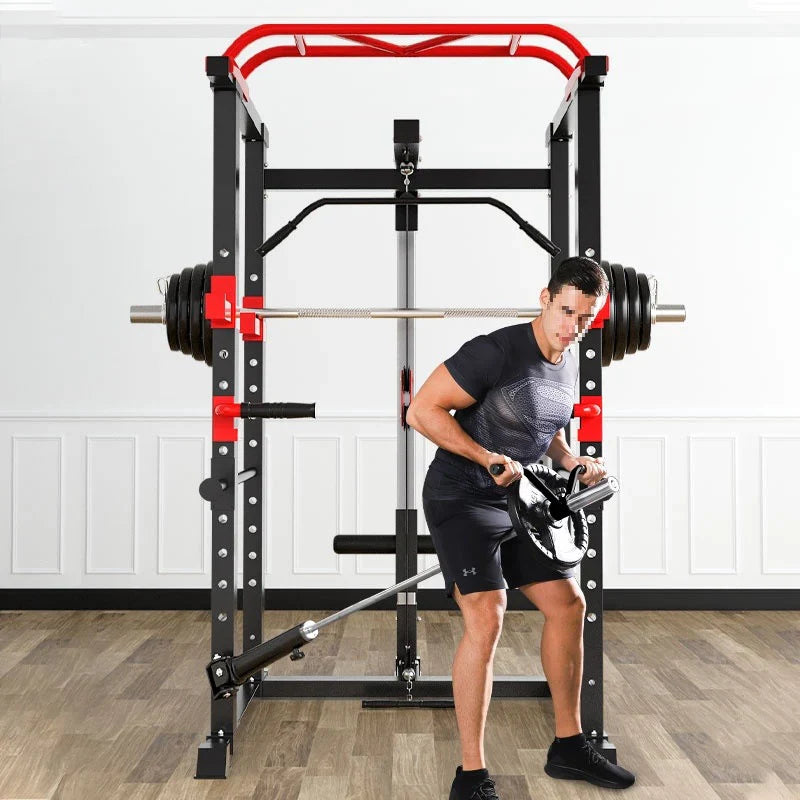 Person using a weightlifting machine in a home gym setting