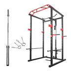 Black power rack with red accents and gym equipment on a white background