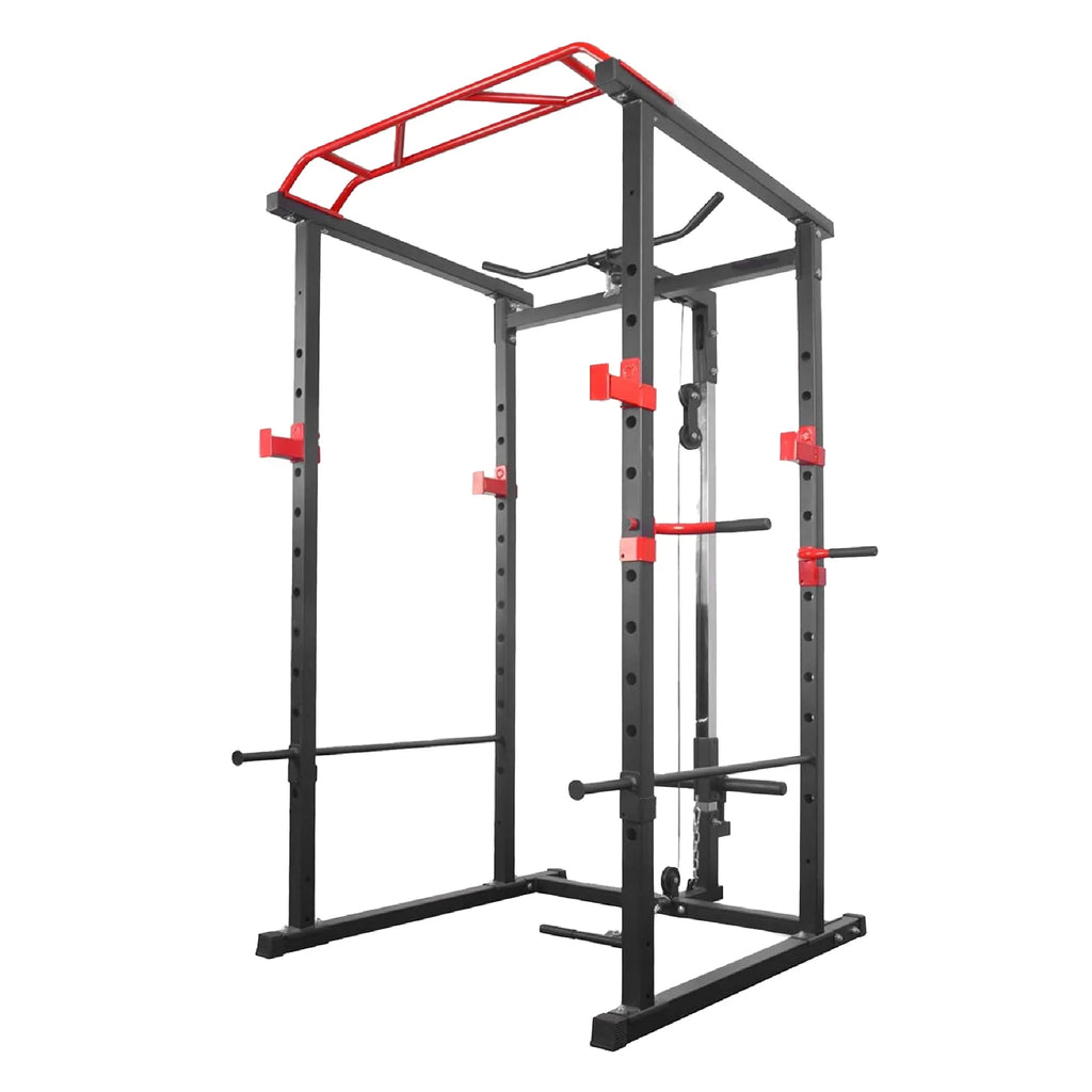 Black and red power rack on a white background