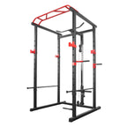 Black and red power rack on a white background