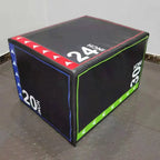 Black exercise cube with colorful side panels and measurement labels on a gray floor.