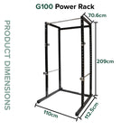 G100 Power Rack with dimensions labeled on a white background