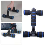 Black and blue exercise tool with handles, shown from different angles on a white background.