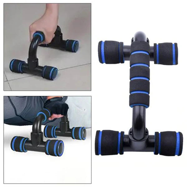 Black and blue exercise tool with handles, shown from different angles on a white background.