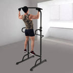 Person using a pull-up bar in a home gym setting
