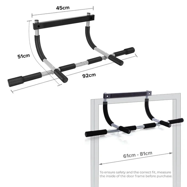 Measurement chart of a pull-up bar with dimensions labeled on a white background