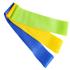 Three resistance bands in blue, yellow, and green on a white background