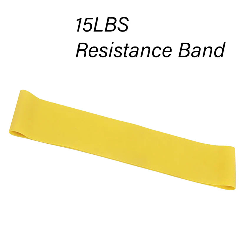 Yellow resistance band with '15LBS Resistance Band' text on a white background