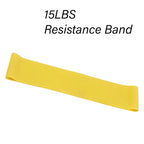 Yellow resistance band with '15LBS Resistance Band' text on a white background
