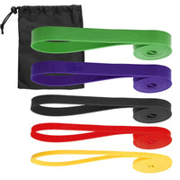 Set of resistance bands in various colors with a black drawstring bag on a white background