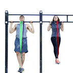 Two people using resistance bands on a pull-up bar against a white background