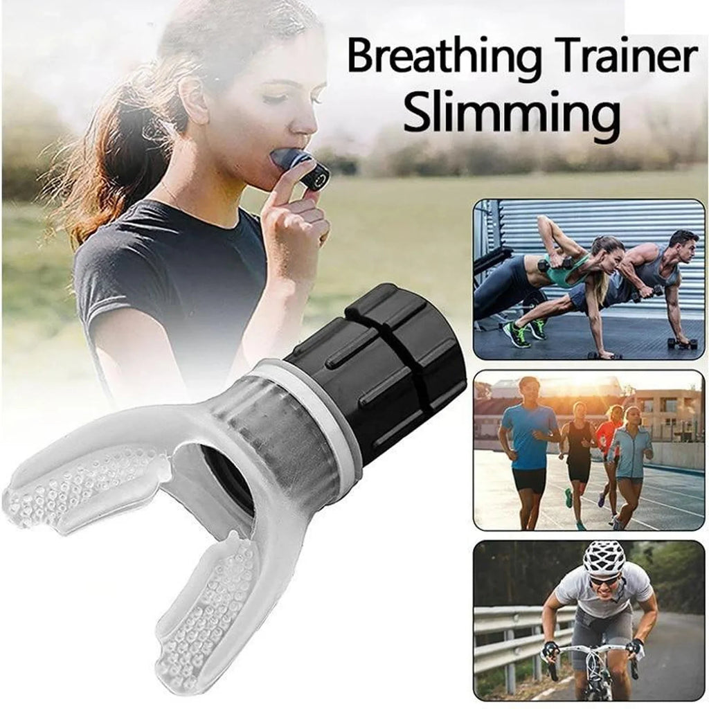 Breathing trainer slimming device with people exercising outdoors on a white background