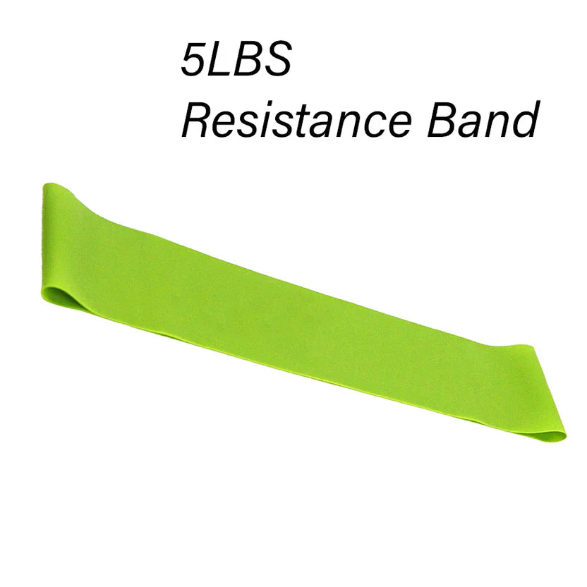 Green resistance band with '5LBS Resistance Band' text on a white background