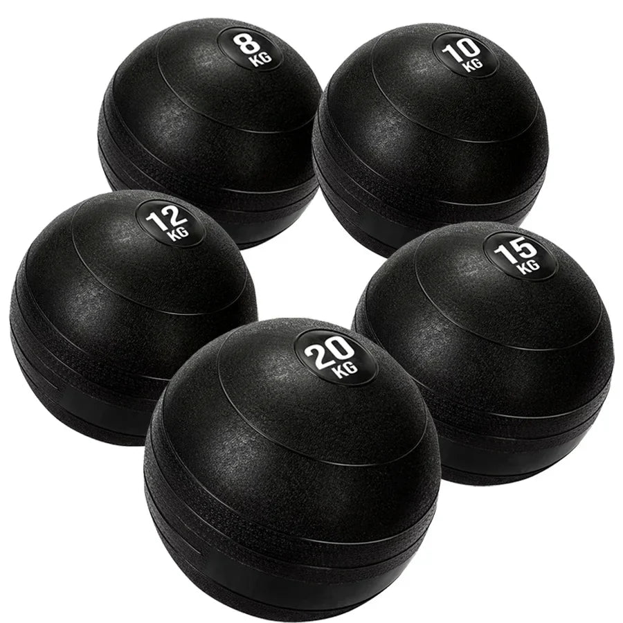 Set of black exercise balls with weight markings on a white background