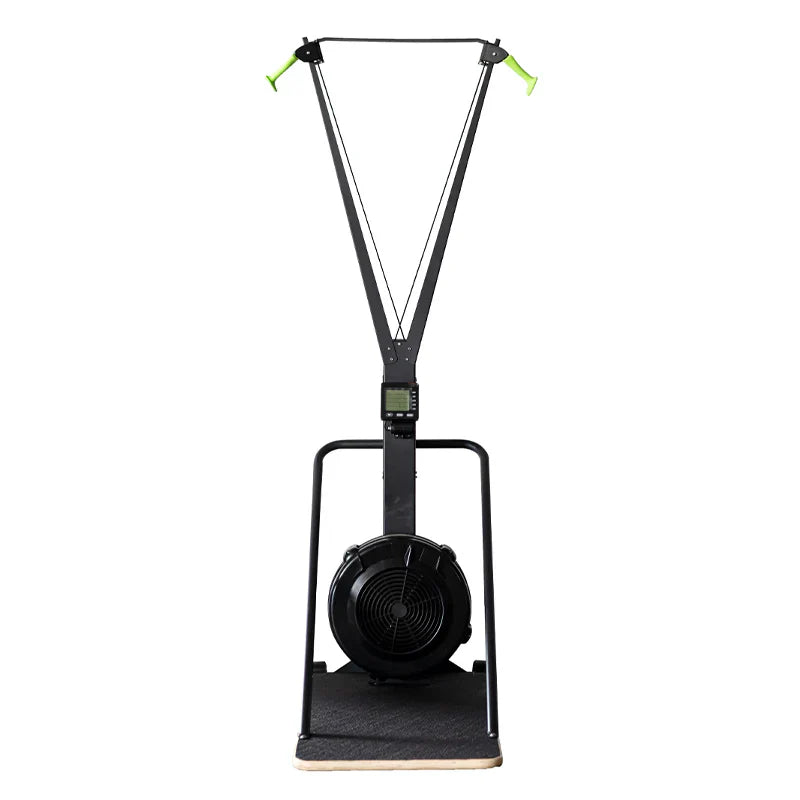 Black exercise bike with resistance system on a white background