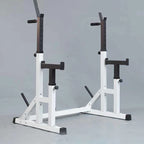 White and black weightlifting stand on a gray background