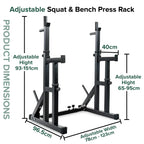 Adjustable squat and bench press rack with dimensions on a white background