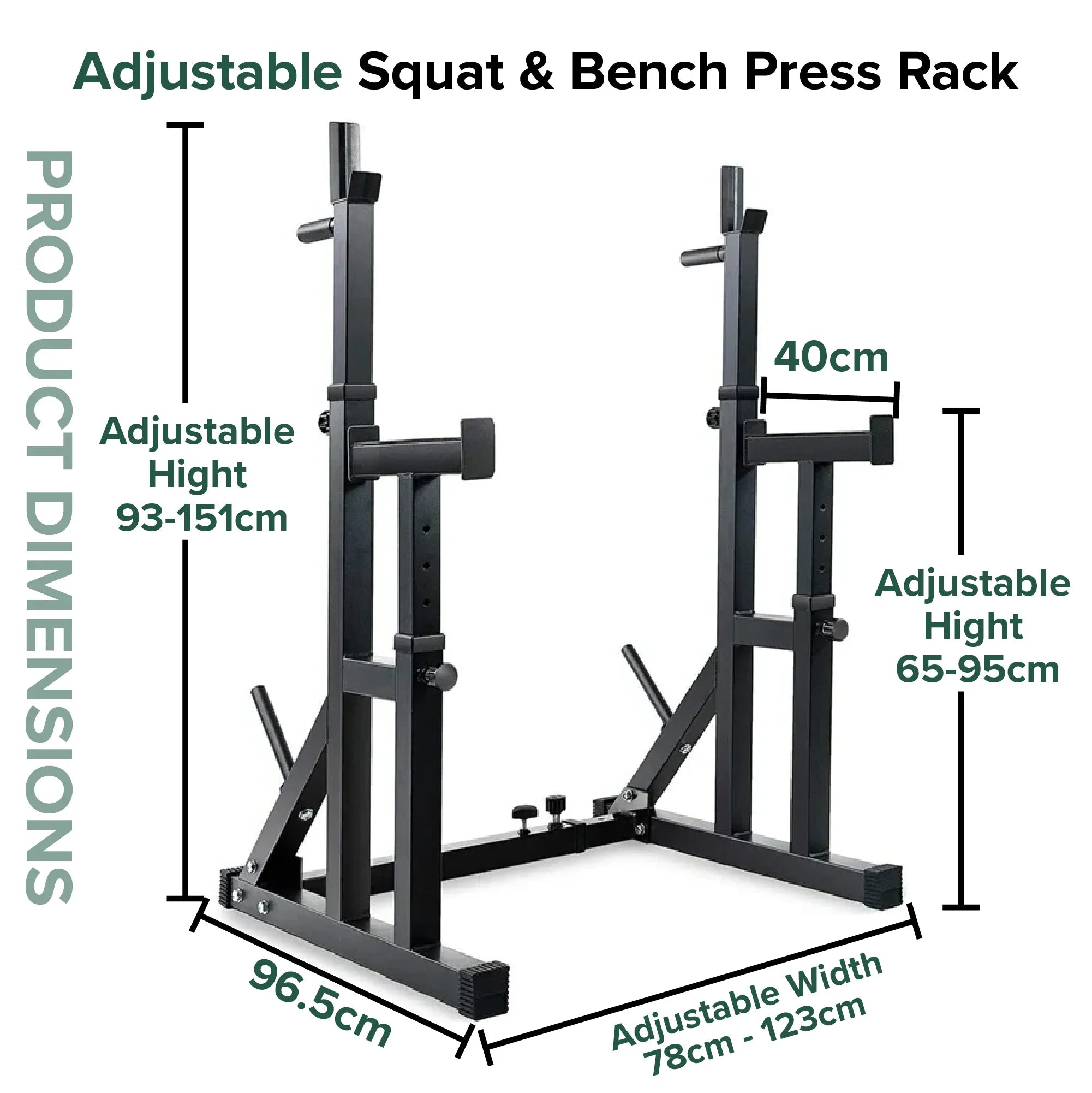 Adjustable squat and bench press rack with dimensions on a white background