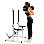 Woman lifting weights with a weight rack on a white background