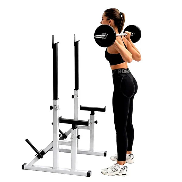Woman lifting weights with a weight rack on a white background