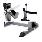 Close-up of a weightlifting bench with barbell attachment on a white background