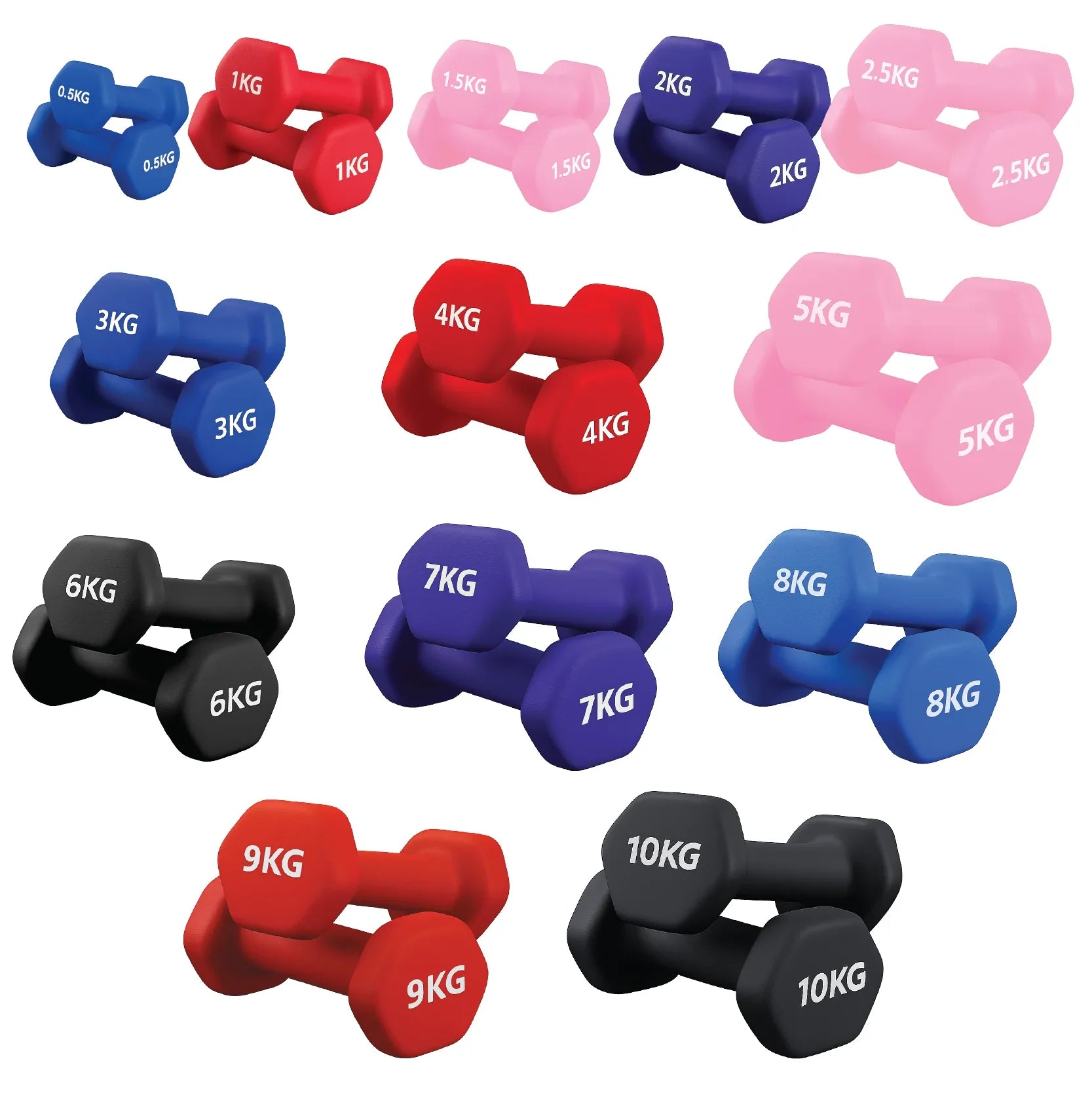 Neopren Hex dumbbells pairs with white background