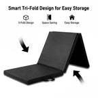 Black folding mat with text highlighting its tri-fold design, space-saving, and easy storage features on a white background.