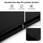 Black leather surface with anti-slip base, easy cleaning, and strong stitching features.