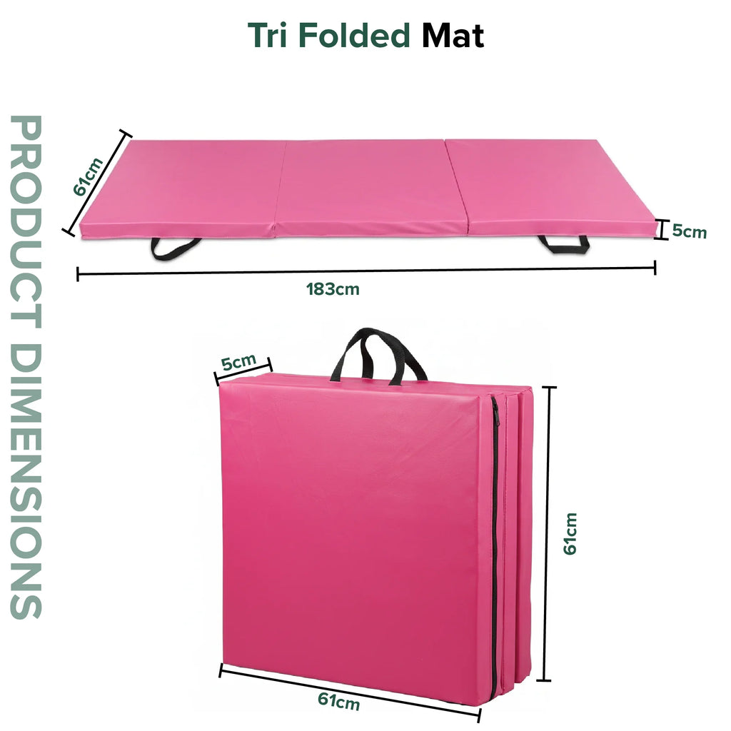 Tri-folded pink mat with dimensions on a white background