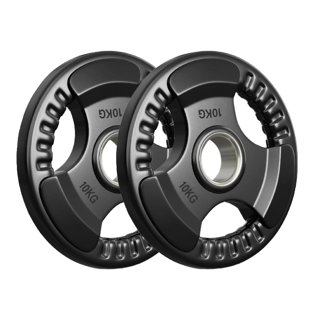 Two 10kg weight plates on a white background