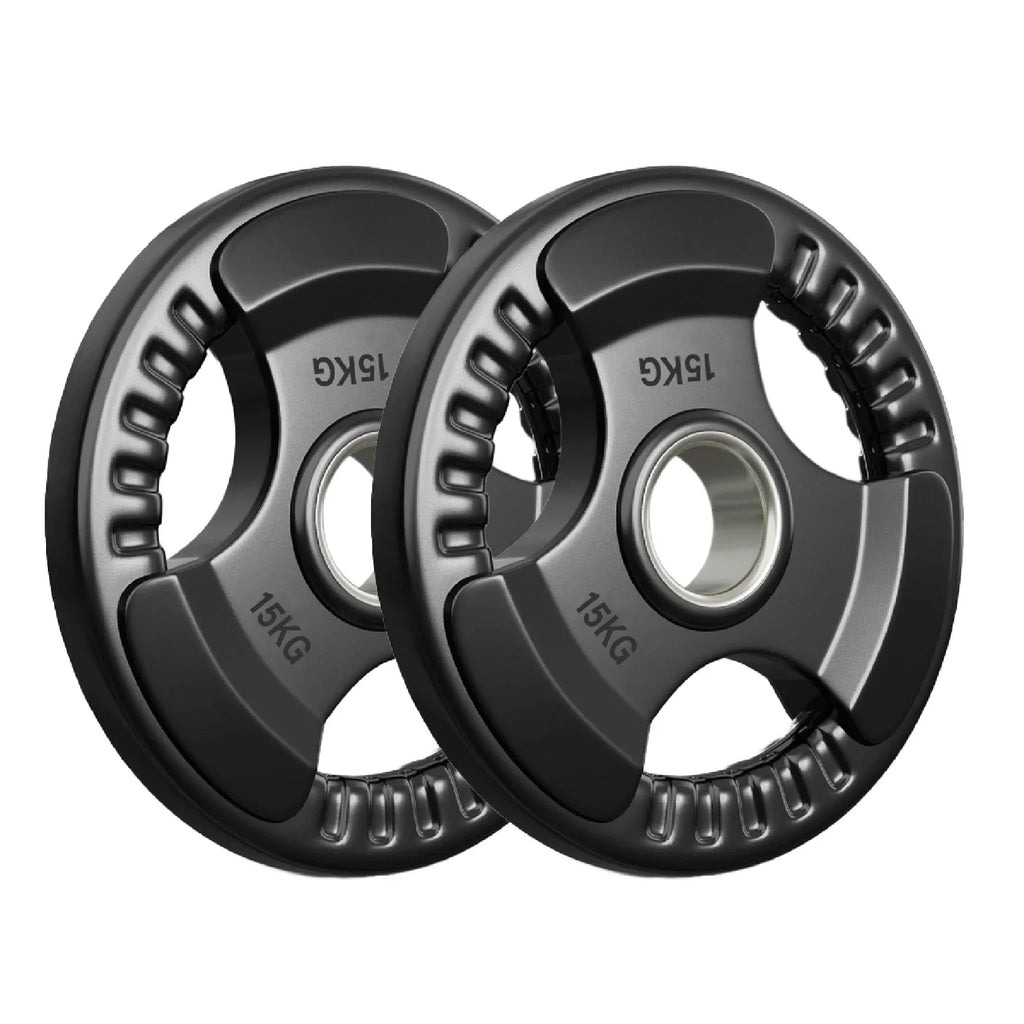 Two 15KG weight plates on a white background