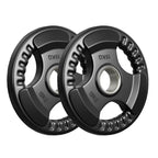 Two 15KG weight plates on a white background