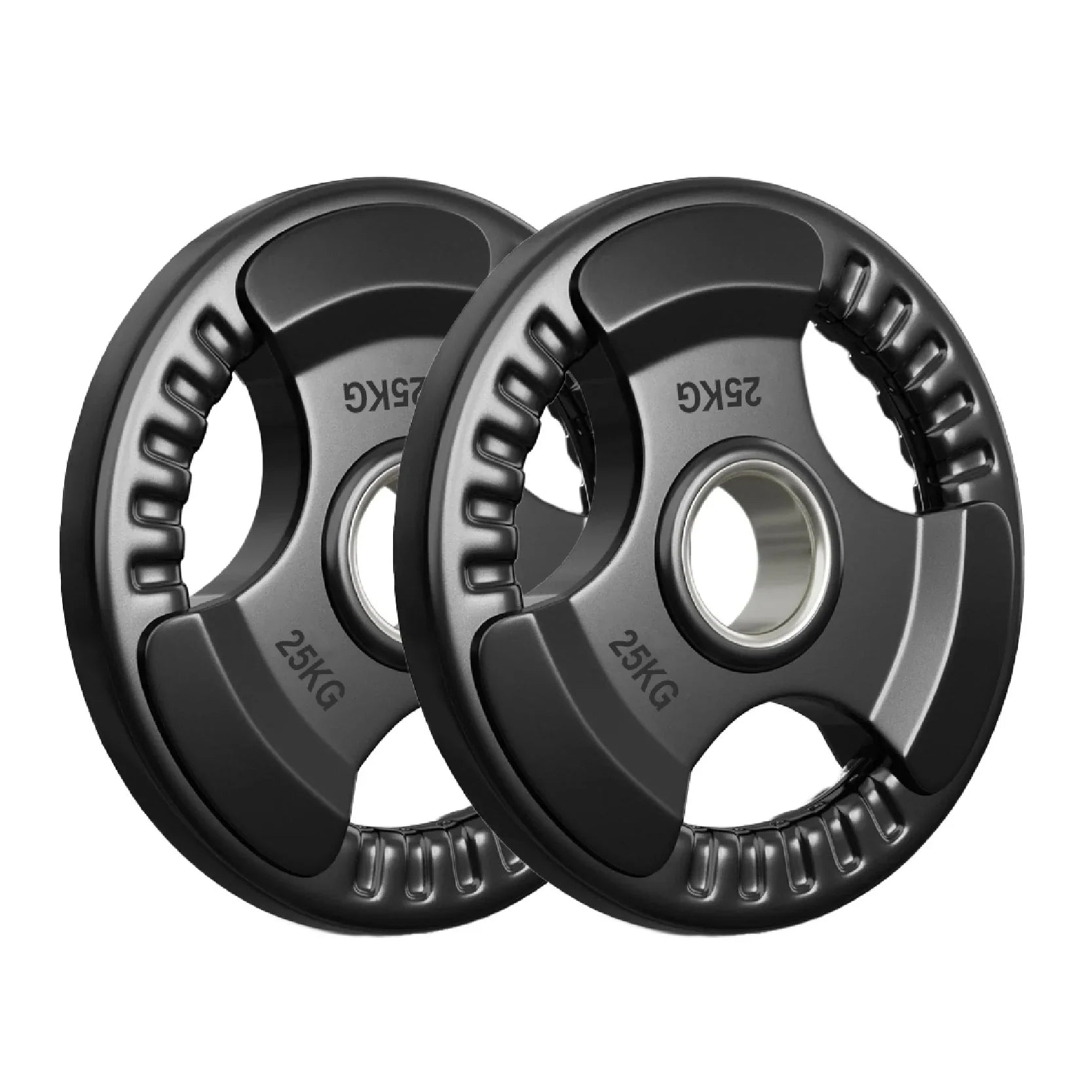 Two 25KG weight plates on a white background
