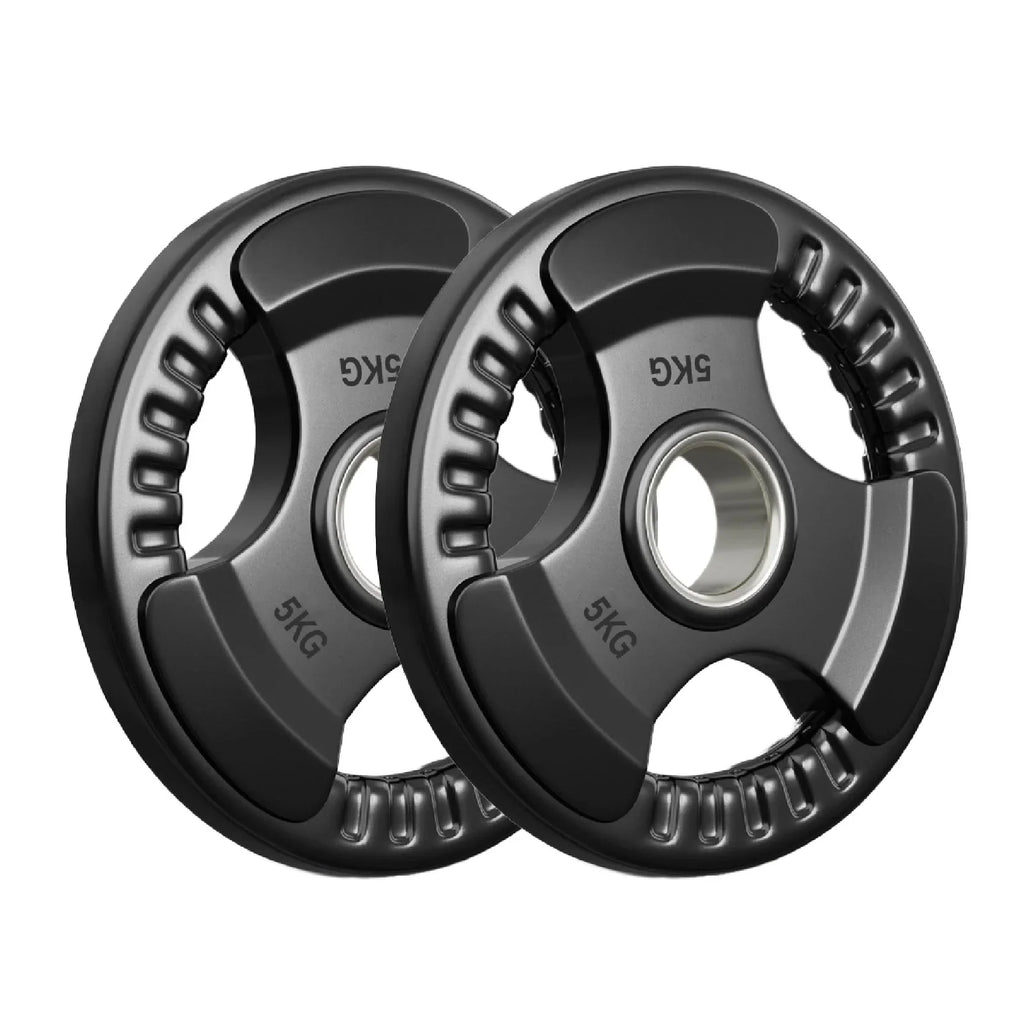 Two 5kg weight plates on a white background