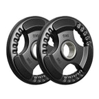 Two 5kg weight plates on a white background