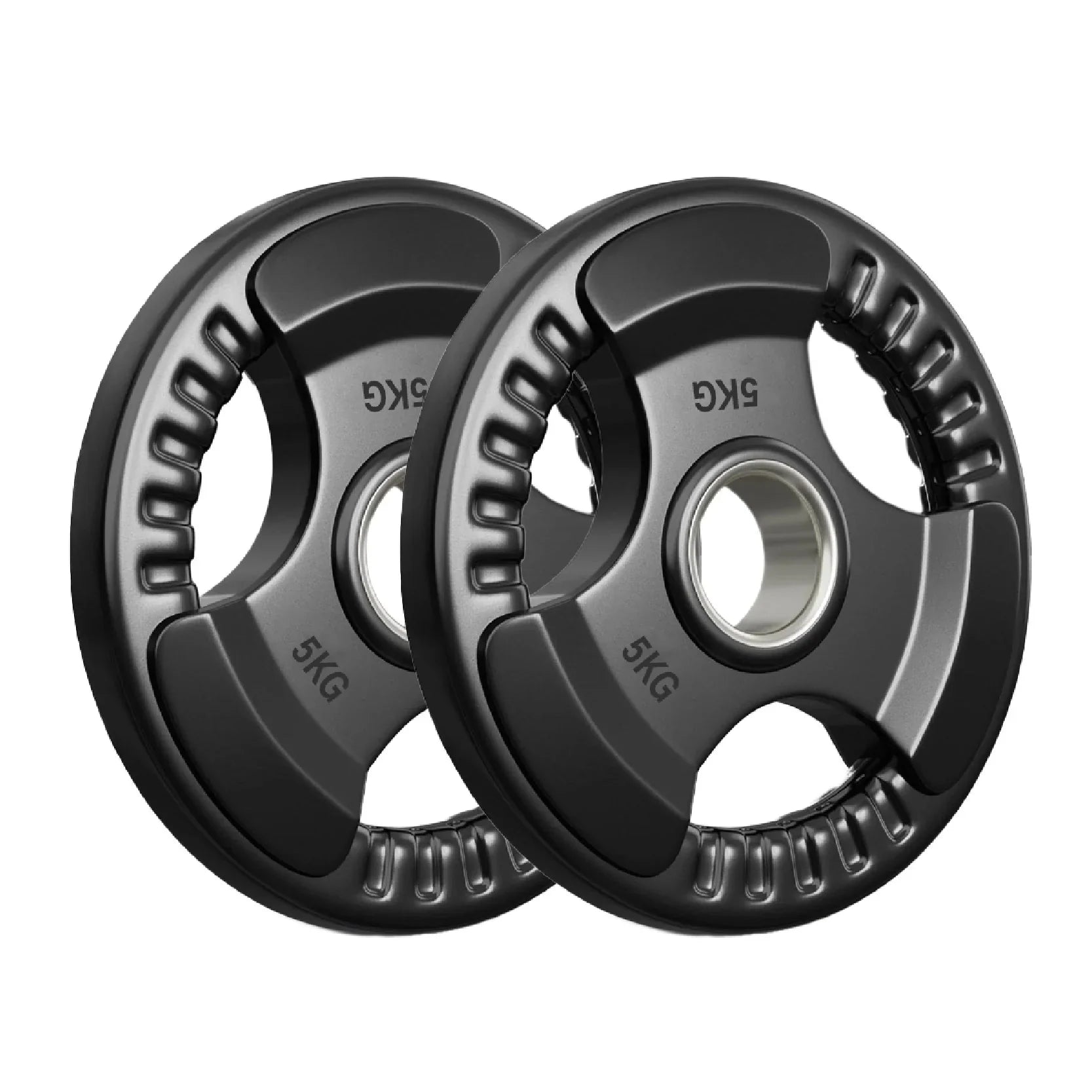 Two 5kg weight plates on a white background