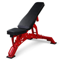 Red and black adjustable weight bench on a white background