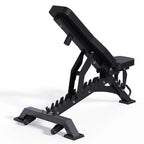 Black adjustable weight bench on a white background