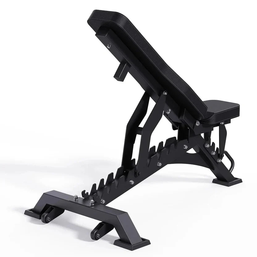 Black adjustable weight bench on a white background