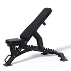Black adjustable weight bench on a white background