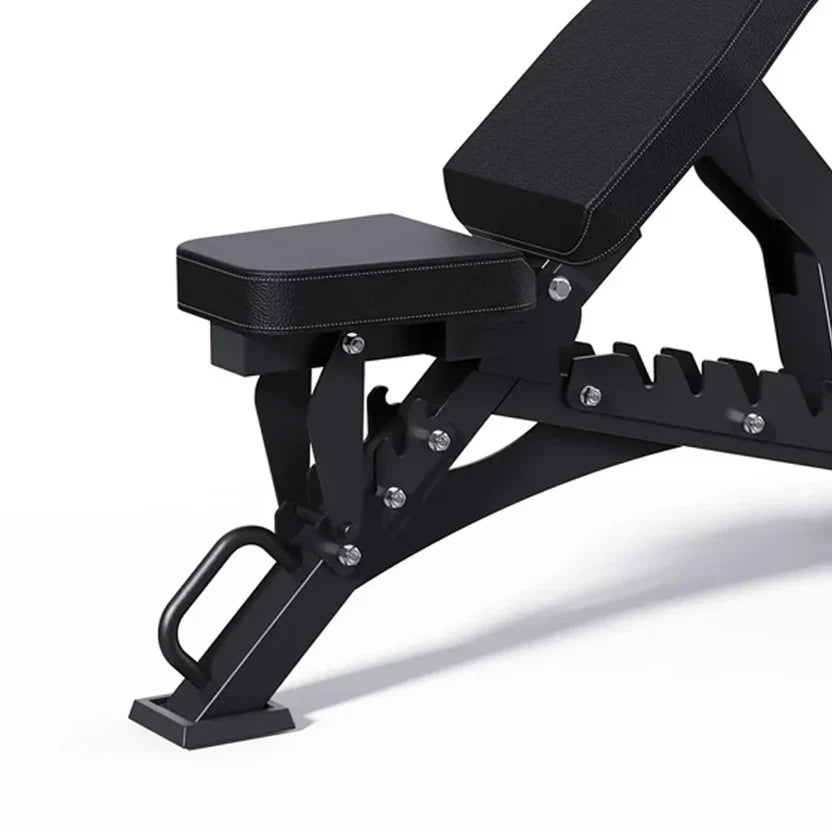 Black adjustable weight bench on a white background