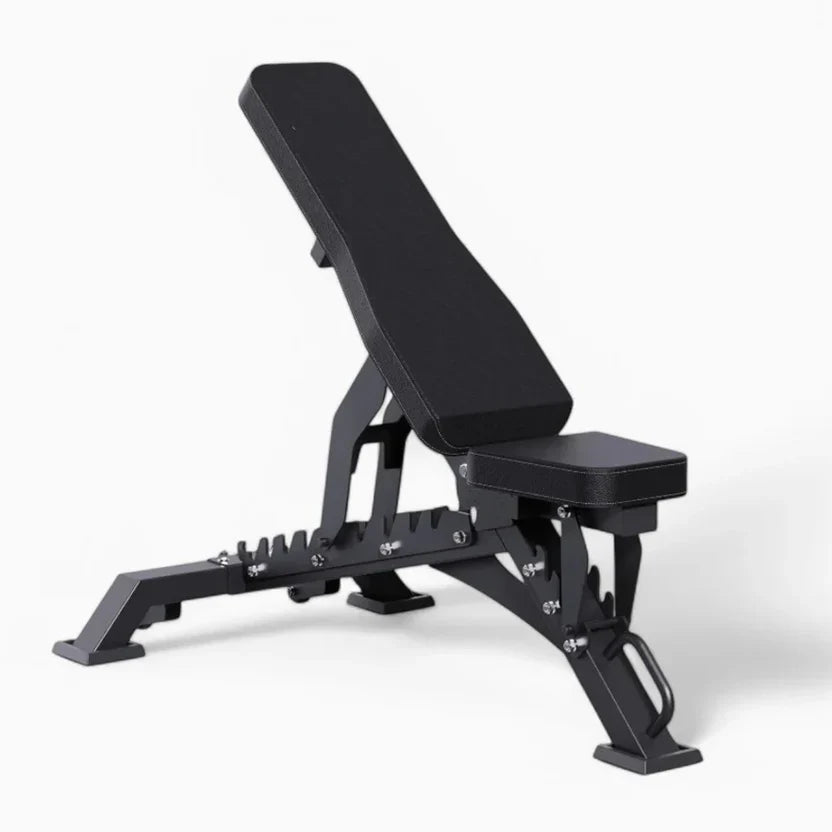 Black adjustable weight bench on a white background