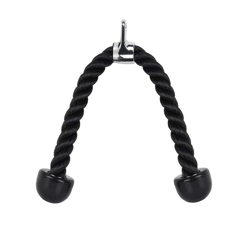 Black rope handle with metal clip on a white background