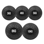 Set of five black weighted balls with labeled weights on a white background