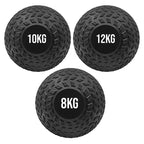 Three black textured exercise balls with weight labels on a white background