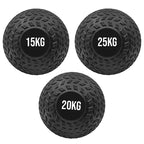 Three black textured exercise balls with weight labels on a white background