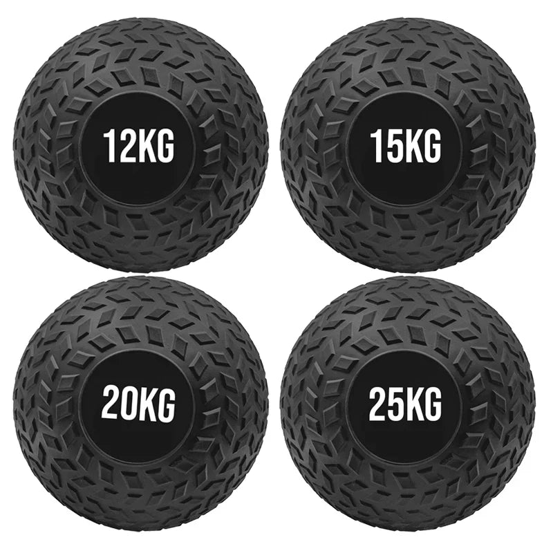Four black weighted balls with labeled weights on a white background
