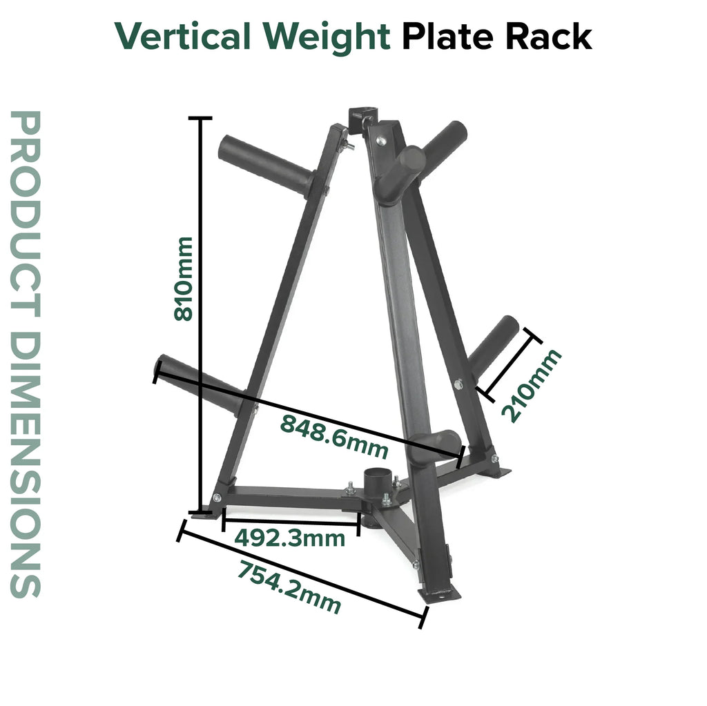 Vertical weight plate rack with dimensions labeled on a white background