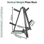 Vertical weight plate rack with dimensions labeled on a white background